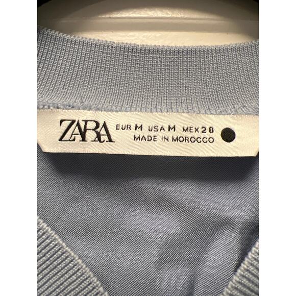 Zara Women’s Glossy Full Zip Cropped Jacket Size M Blue Lightweight Shinny Satin - Picture 2 of 3